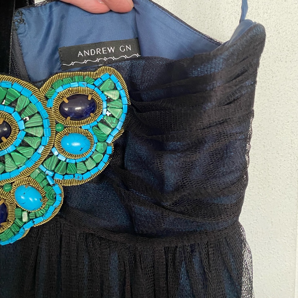 Andrew GN | Cocktail Empire Cut/Strapless Dress; Turquoise & Lapis Stones; Small - Picture 8 of 16